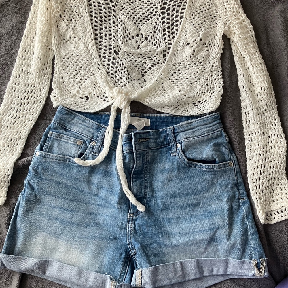 Cream Crochet Top and Blue Denim Shorts